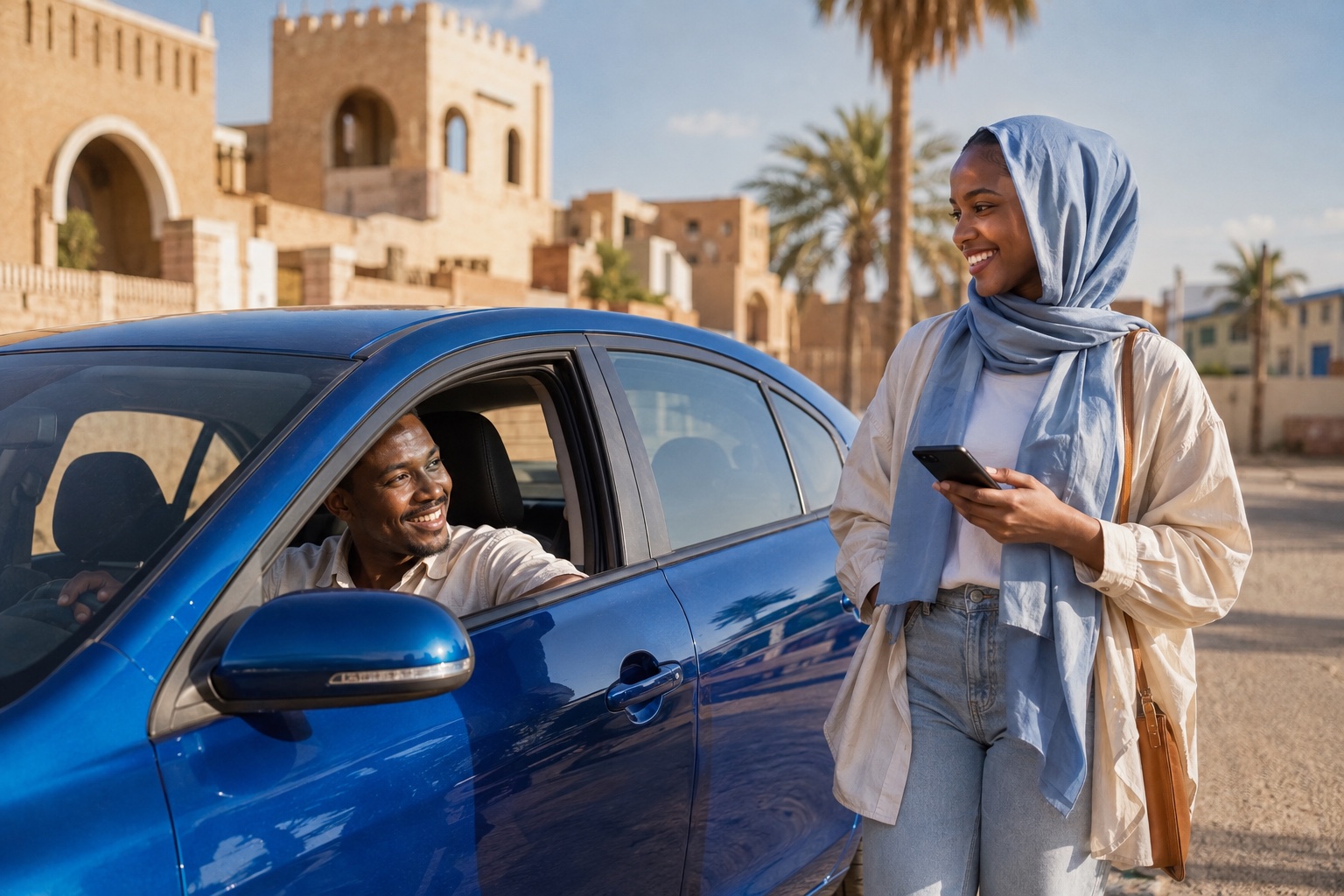راكبة تتحدث مع كابتن بجوار السيارة قبل انطلاق الرحلة